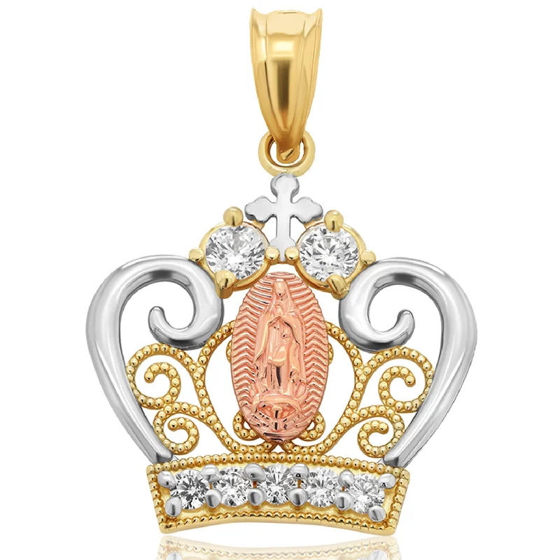 14k Gold Our Lady of Guadalupe Filigree Crown Pendant with Cubic Zirconia Stones - Yellow Gold and Rose Gold