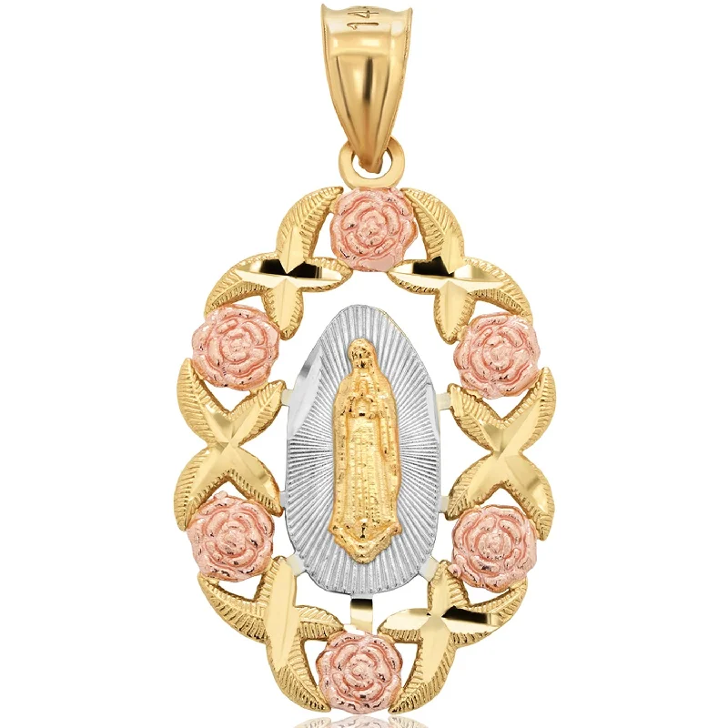 14k Gold Our Lady of Guadalupe Rose Wreath Pendant - 3 Sizes