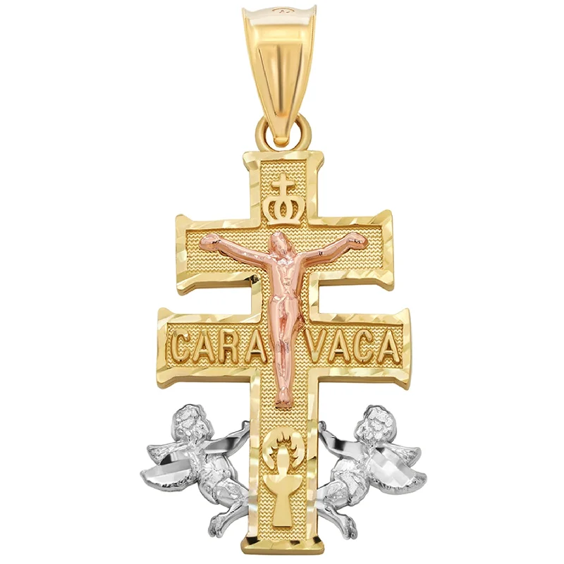 14k Solid Gold Caravaca Cross Tri-Color Crucifix Pendant - 3 Sizes