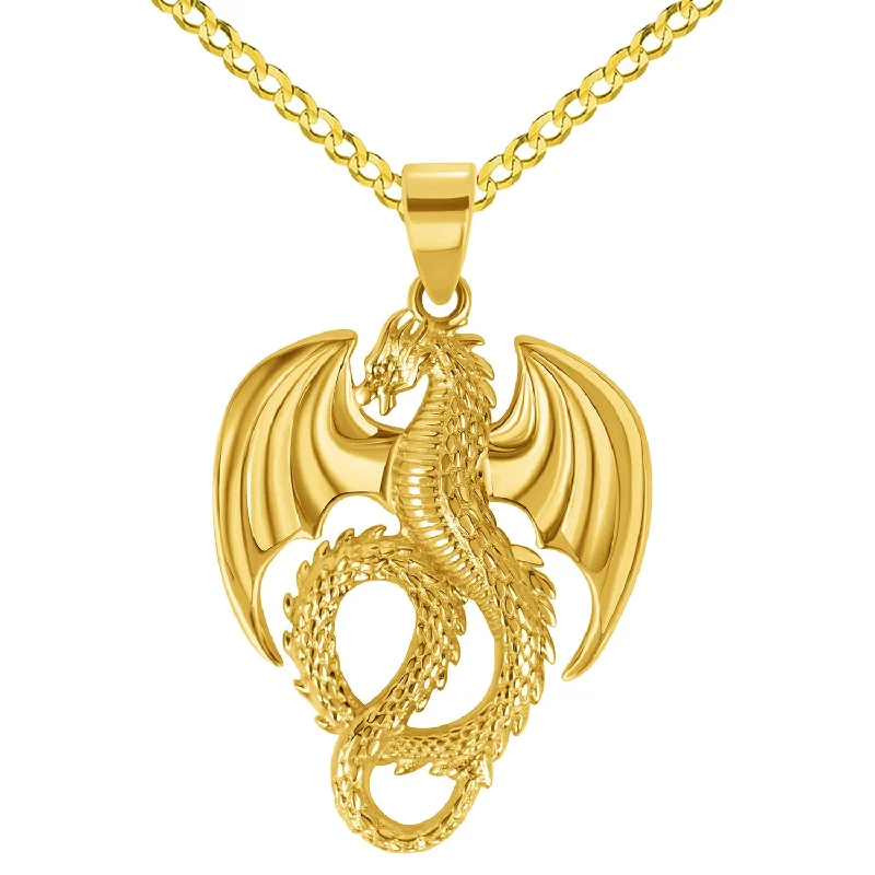 14k Yellow Gold 3D Serpent Dragon Pendant Necklace - Reversible