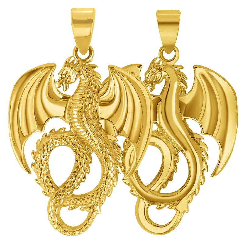 14k Yellow Gold 3D Serpent Dragon Pendant - Reversible