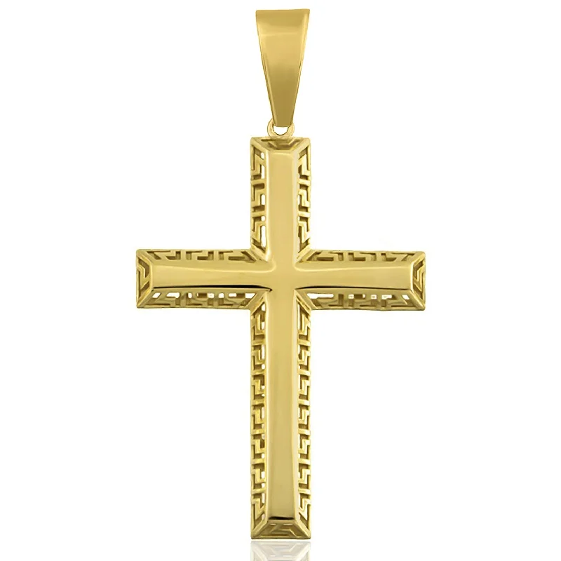 14k Yellow Gold Large Plain Religious Cross Pendant with Greek Key Pattern - 3 Inch Height with Bail