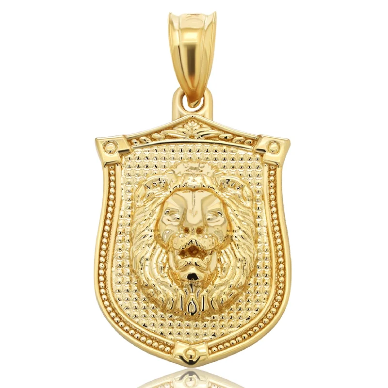 14k Yellow Gold Lion Head On Shield Pendant