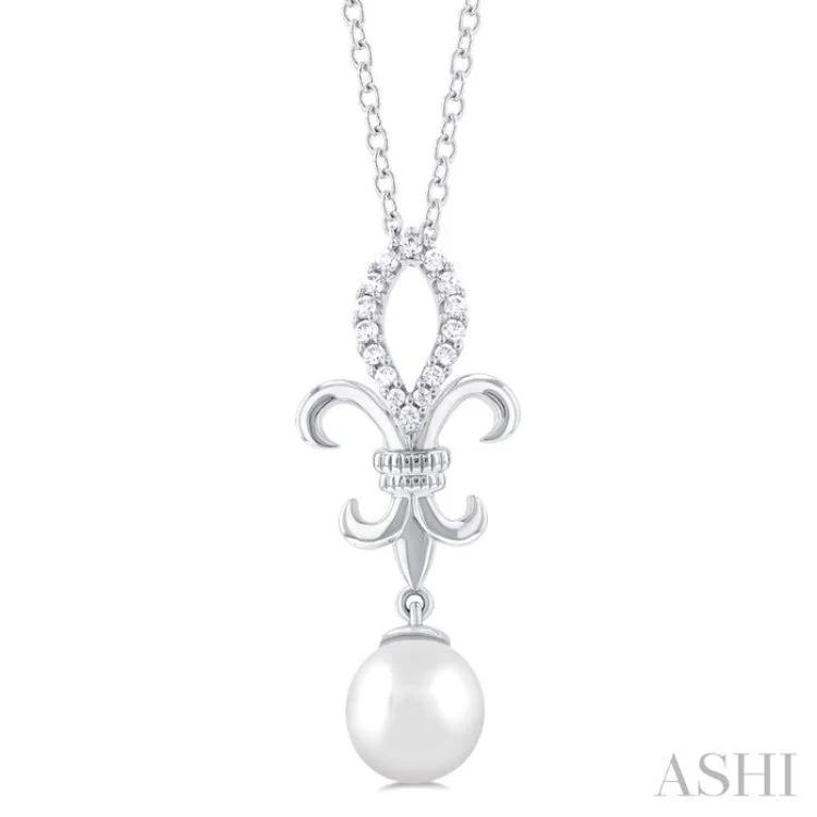 1/10 ctw Fleur De Lis 7X7 MM White Cultured Pearl and Round Cut Diamond Pendant With Chain in 10K White Gold