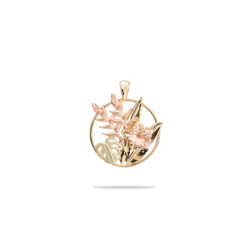 Hawaiian Gardens Hibiscus Pendant in Tri Color Gold with Diamonds - 20mm