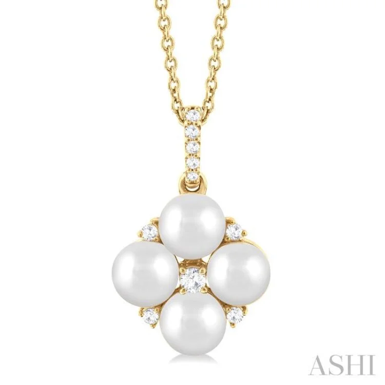 1/10 ctw Floral 5x5 MM Cultured Pearls and Round Cut Diamond Fashion Pendant With Chain in 10K Yellow Gold