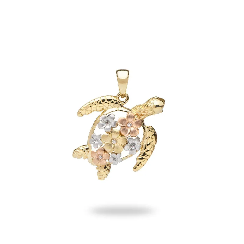 Plumeria Honu (Turtle) Pendant in Tri Color Gold with Diamonds - 21mm