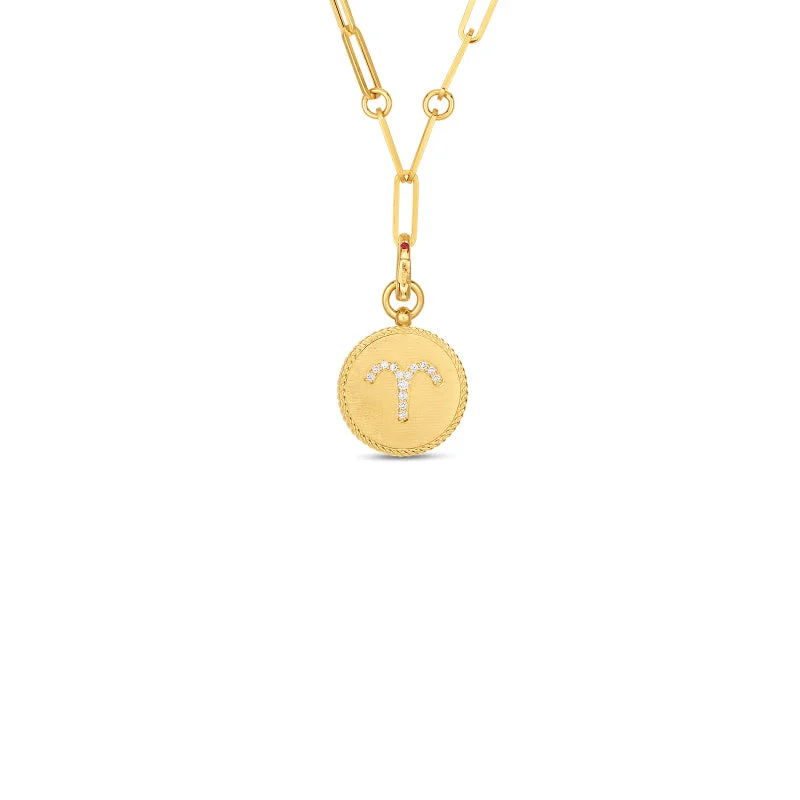 Roberto Coin Zodiac Medallion 18K Yellow Gold Diamond Medallion Necklace in Aries (3/20 - 4/19)