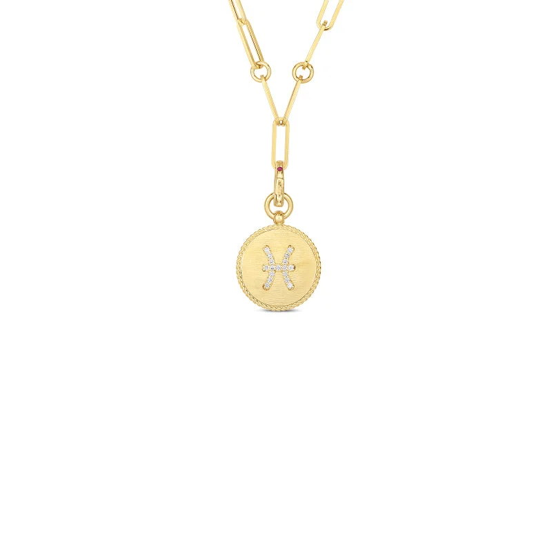 Roberto Coin Zodiac Medallion 18K Yellow Gold Diamond Medallion Necklace in Pisces (2/20 - 3/20)