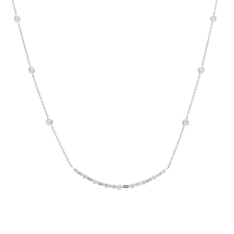 Sabel Collection 14K White Gold Six Bezel Set Diamond Stations with Curved Diamond Bar Necklace