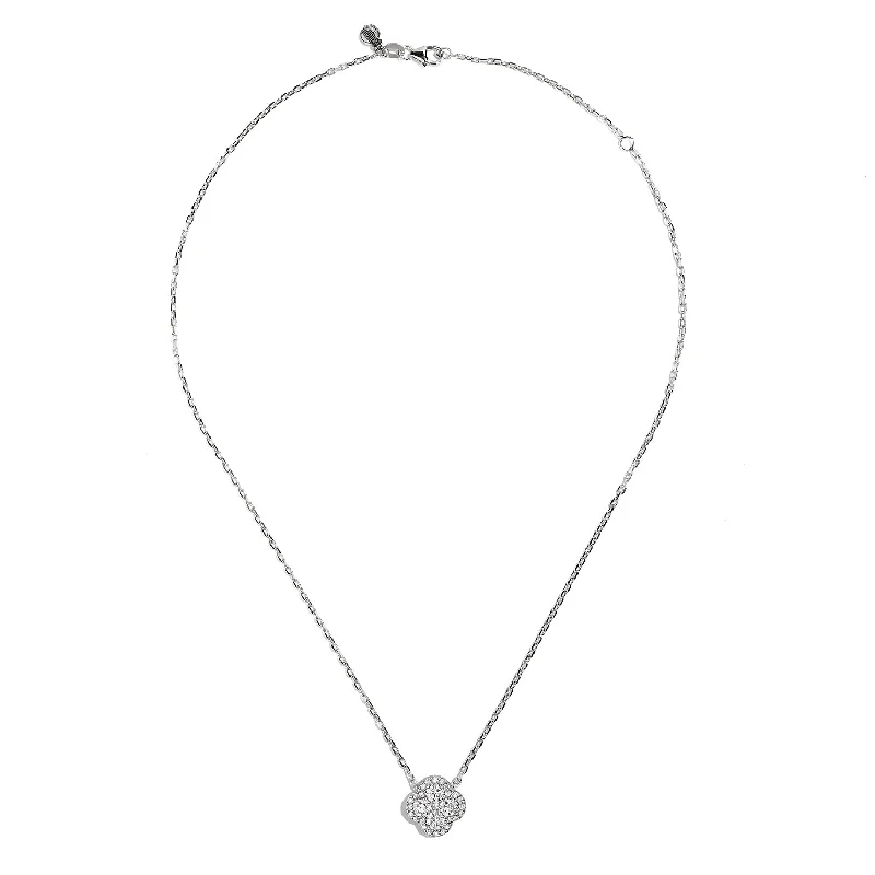 Sabel Collection 18K White Gold Round Diamond Clover Shape Necklace with Halo