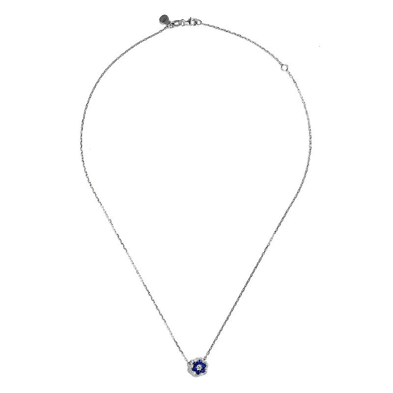 Sabel Collection 18K White Gold Round Sapphire and Round Diamond Flower Shape Pendant