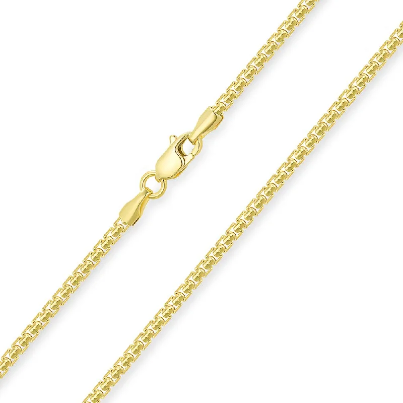 Semi-Solid 14k Yellow Gold 2mm Round Box Link Chain Necklace with Lobster Claw Clasp