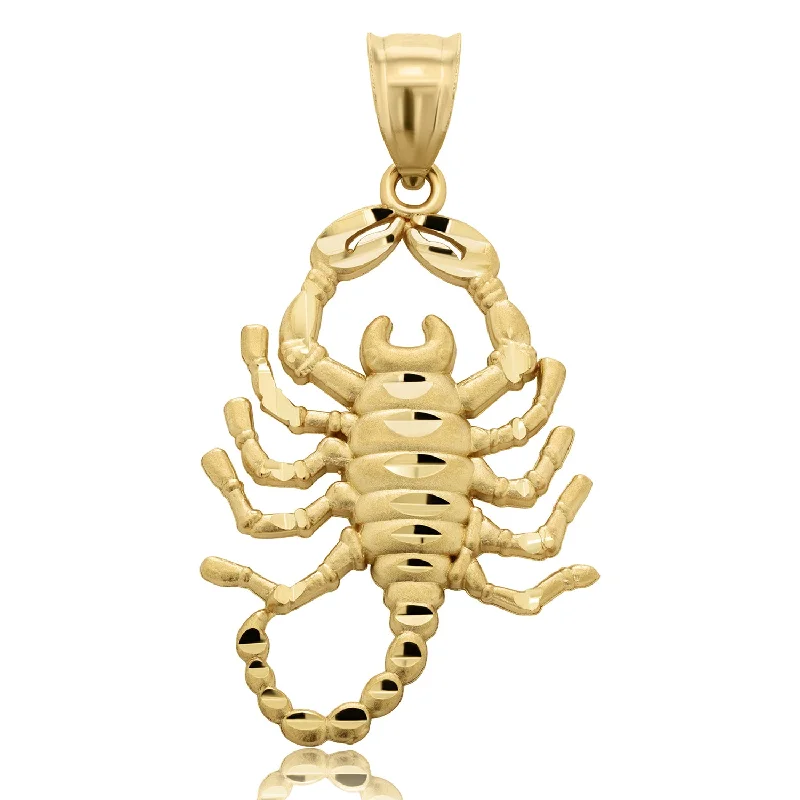 Solid 14k Yellow Gold Textured Scorpion Charm Scorpio Zodiac Pendant with Satin and Diamond-Cut, 1 Inch Height