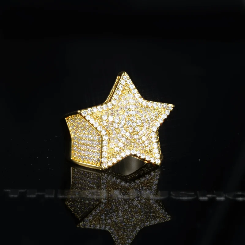 18k Solid Gold-Plated Micro-inlay Rhinestone Pentagram Hip Hop Ring