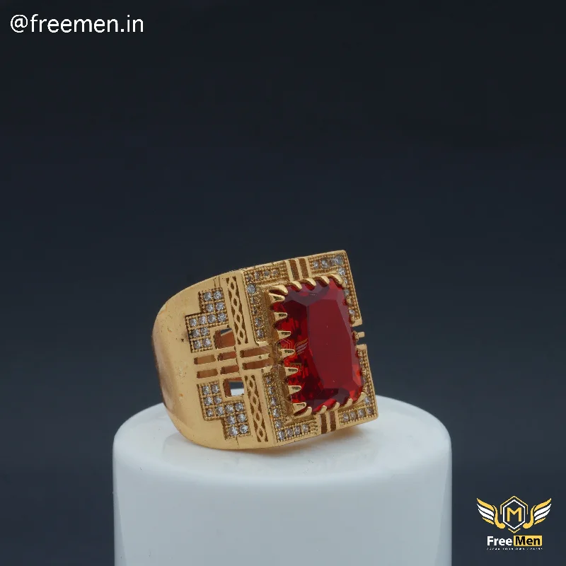 Freemen Red Stone with Diamond Golden Plated Ring - FM148