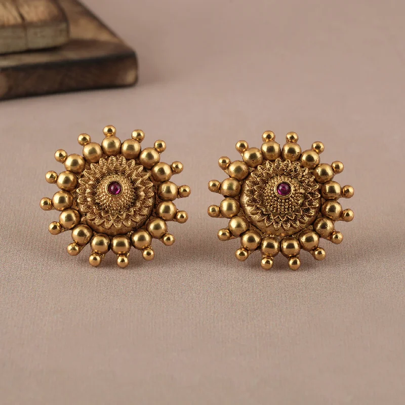 Cute antique gold plated ruby floral stud earring for women