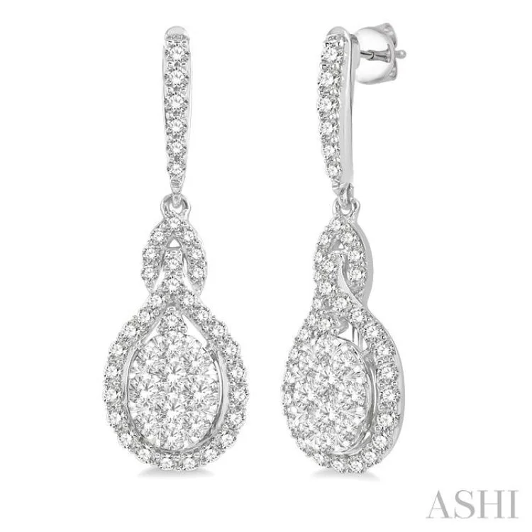 1 1/4 ctw Oval Shape Dangling Lovebright Round Cut Diamond Earring in 14K White Gold