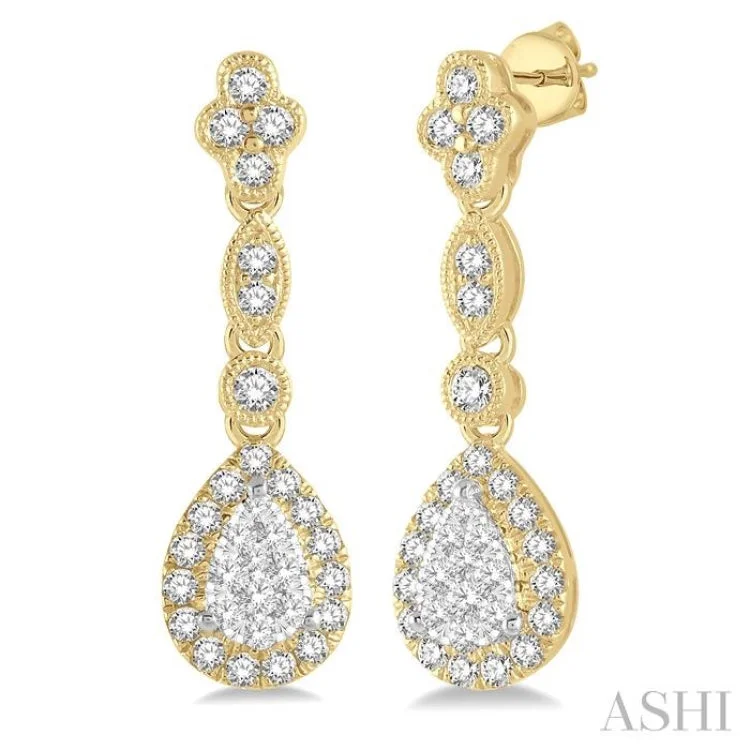 5/8 ctw Pear Shape Halo Lovebright Round Cut Diamond Earrings in 14K Yellow and White Gold