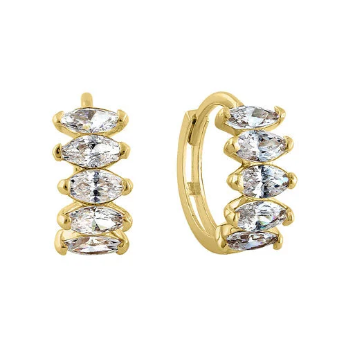 Solid 14K Yellow Gold Marquise CZ Hoop Earrings