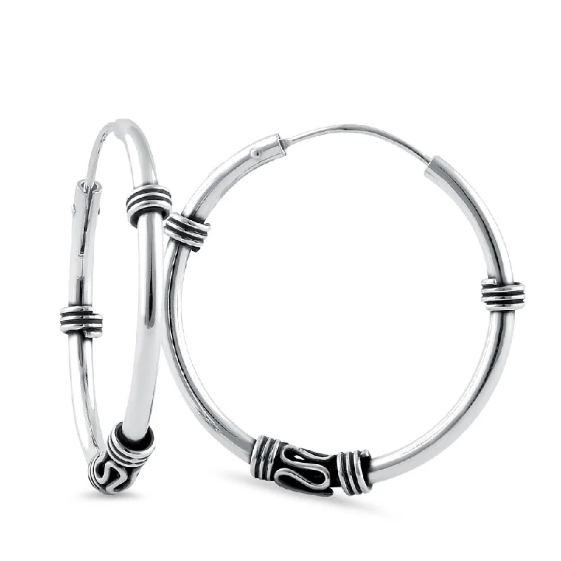 Sterling Silver 1.7mm x 25.5mm Bali Rope and Swirl Hoop Earrings