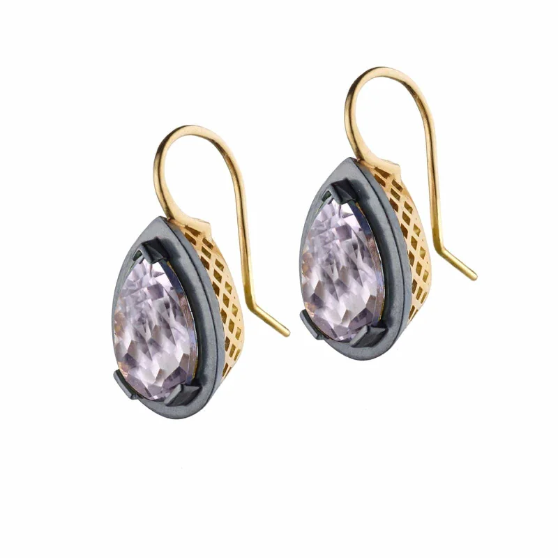 18K Yellow Gold Pear Shaped Pink Amethyst Earrings