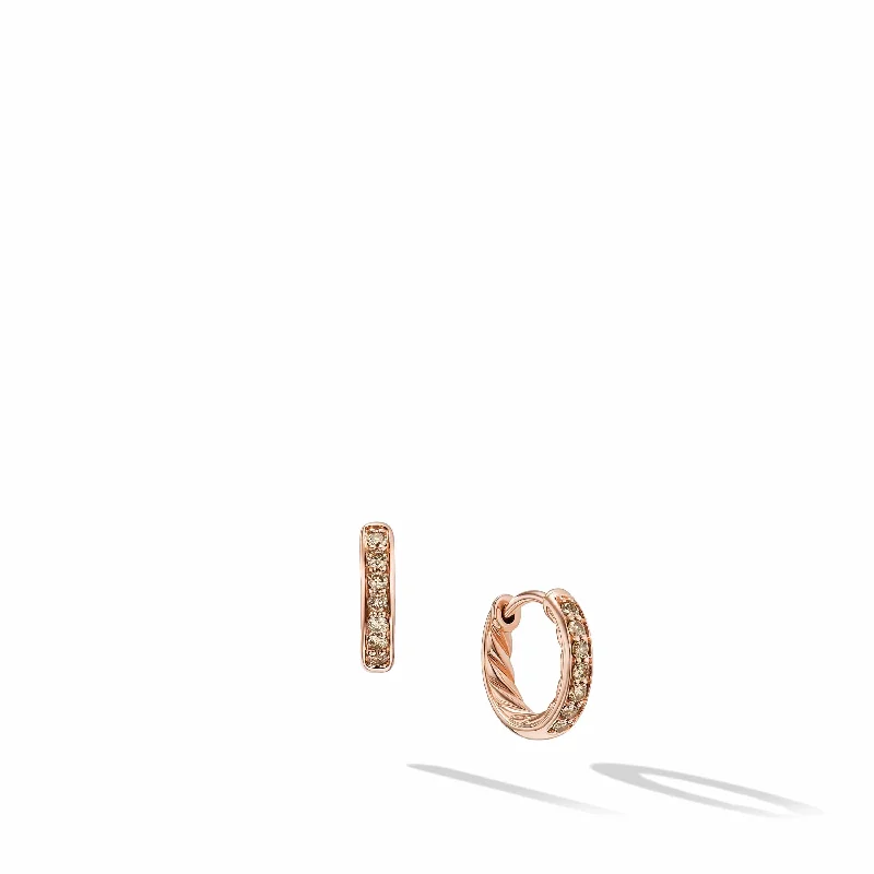 Petite Pavé Huggie Hoop Earrings in 18K Rose Gold with Cognac Diamonds, 12mm