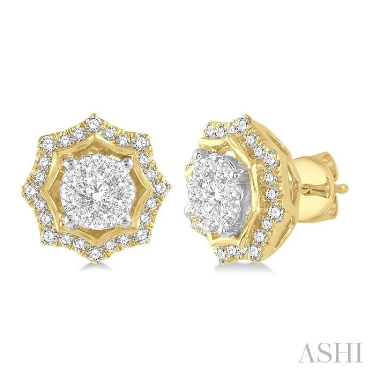 1/2 ctw Star Lattice Lovebright Round Cut Diamond Stud Earring in 14K Yellow and White Gold