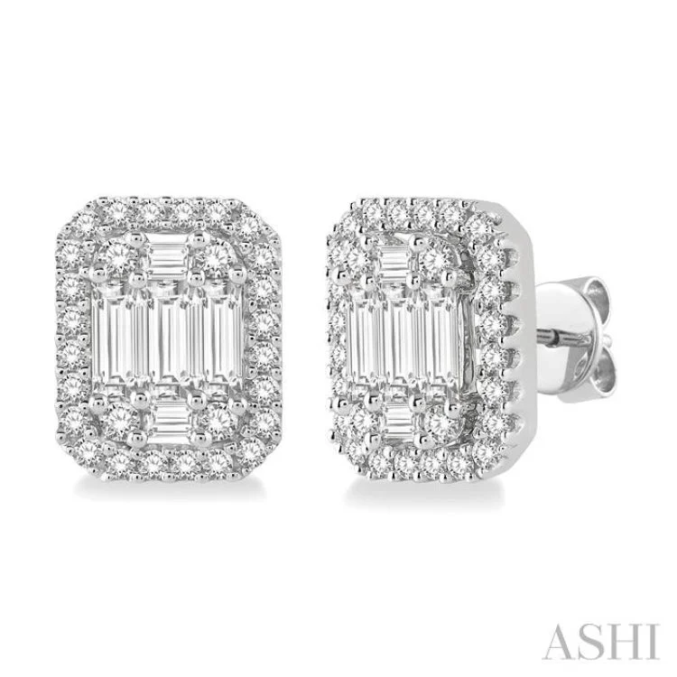 1 Ctw Octagonal Baguette & Round Cut Diamond Stud Earrings in 14K White Gold