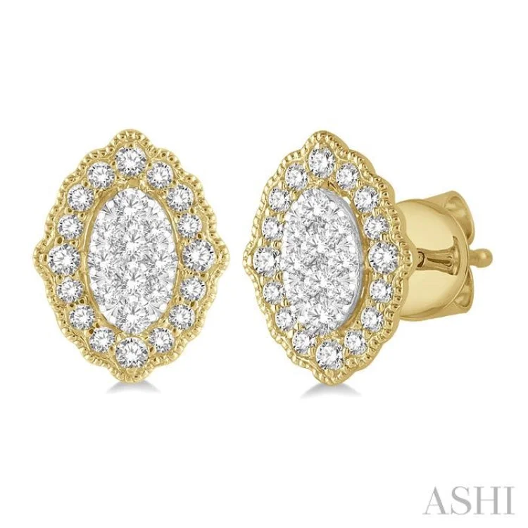 1/4 ctw Lattice Edge Oval Shape Lovebright Round Cut Diamond Stud Earrings in 14K Yellow and White Gold