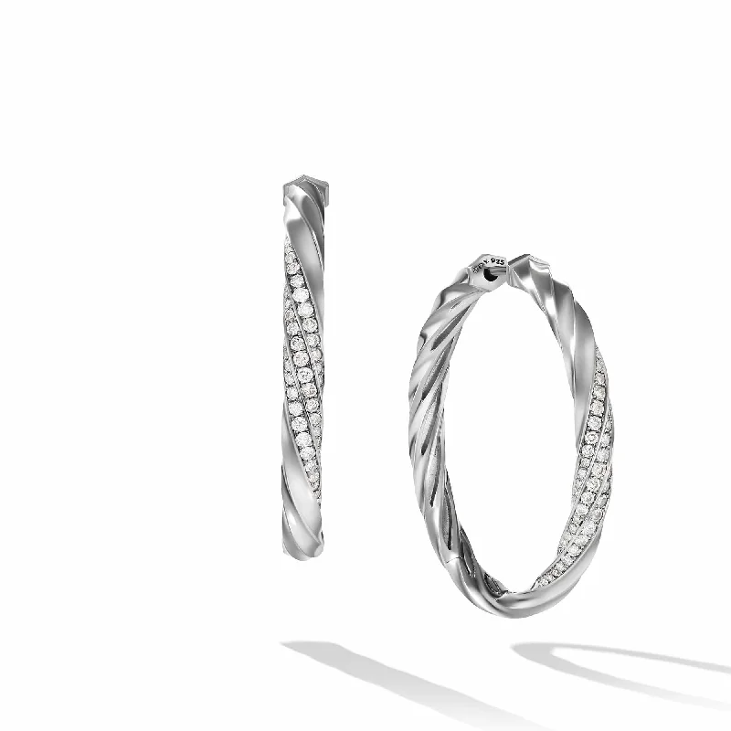 Cable Edge Hoop Earrings in Recycled Sterling Silver with Pavé Diamonds