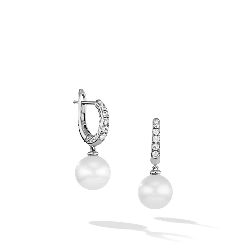 Pearl and Pavé Drop Earrings in Sterling Silver with Diamonds