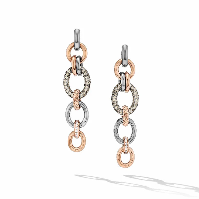 DY Mercer Linked Melange Drop Earrings in Sterling Silver with 18K Rose Gold and Pavé Cognac Diamonds