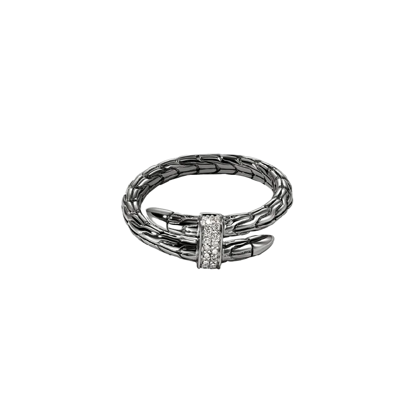 John Hardy Spear Sterling Silver Pave Diamond Coil Ring with Black Rhodium