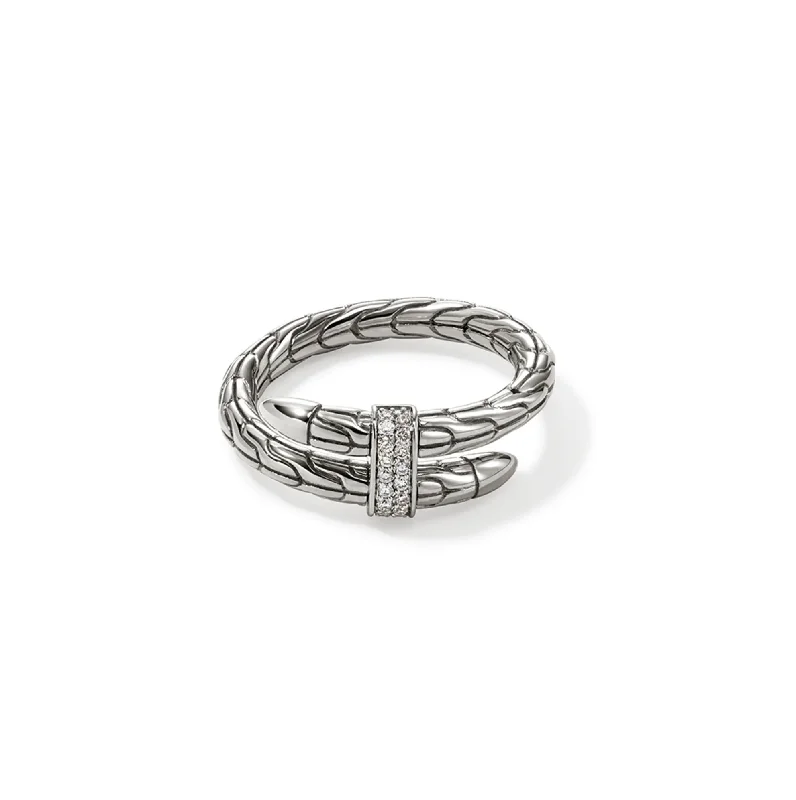 John Hardy Spear Sterling Silver Pave Diamond Single Coil Ring