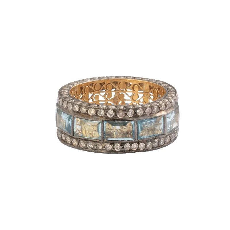 Diamond & Aquamarine Lattice Band Ring