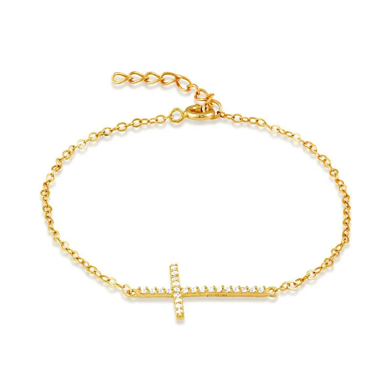 SS Gold Plated CZ Sideways Cross Bracelet