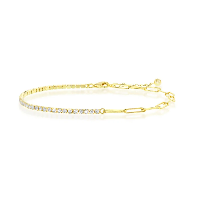 SS Gold Plated2mm CZ Half Tennis & Paperclip Bracelet