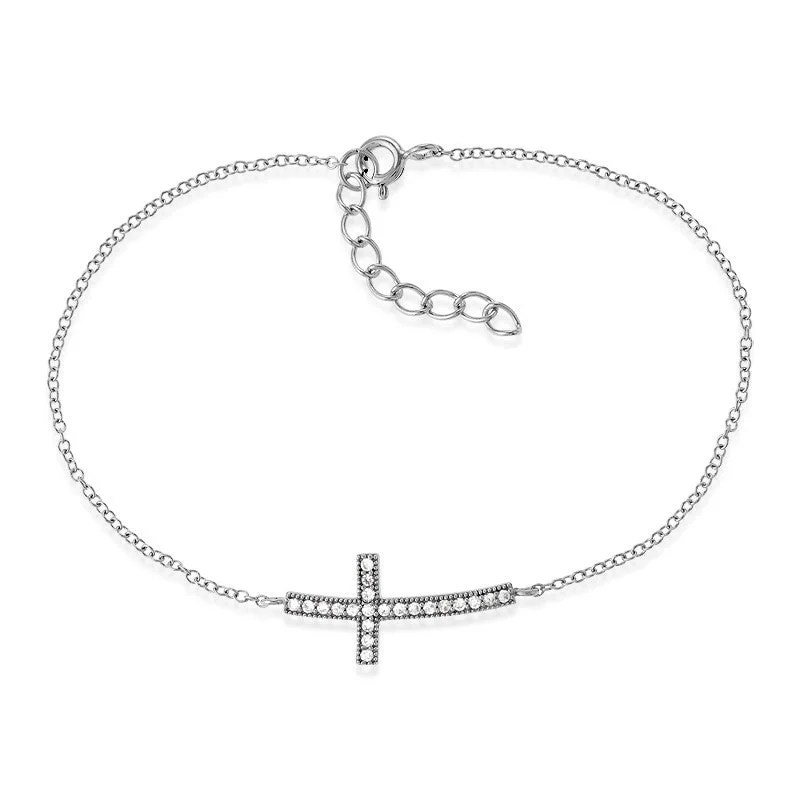 SS Micro Pave Curved CZ Sideways Cross Bracelet