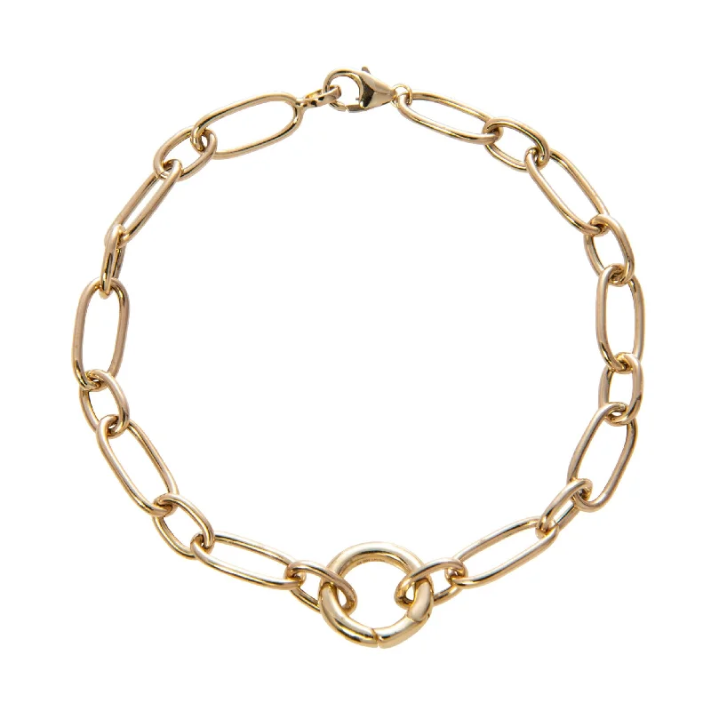 14K Gold Mixed Oval Link Charm Holder Bracelet