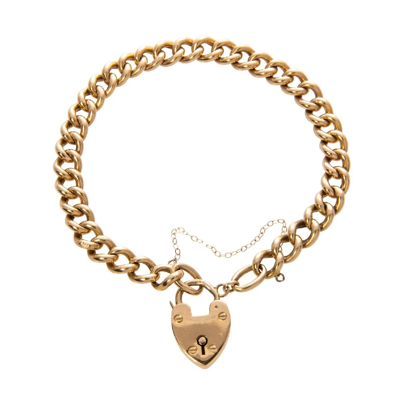 18K Gold Heart Padlock Curb Link Bracelet