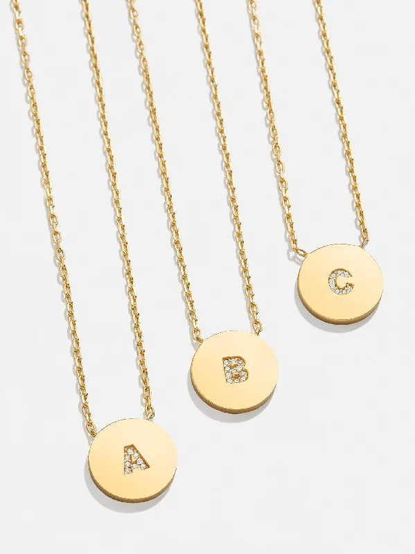 18K Gold Single Initial Custom Disc Necklace - Gold/Pavé