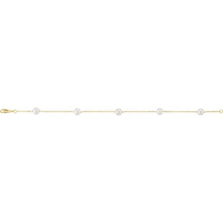 14K Yellow Cultured White Freshwater Pearl 5-Station 7" Bracelet