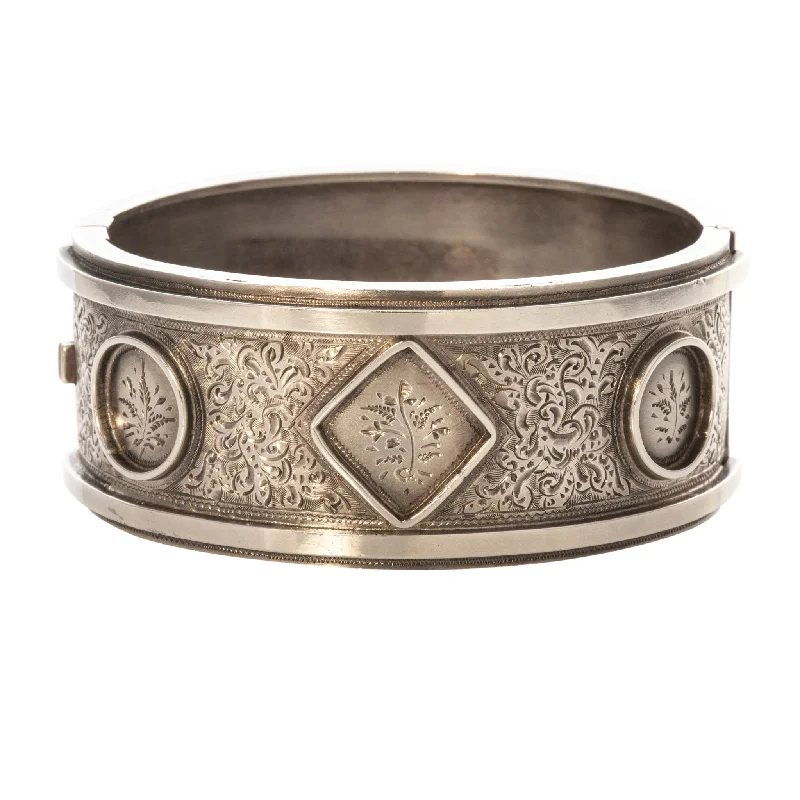 Victorian Engraved Medallion Sterling Silver Bangle